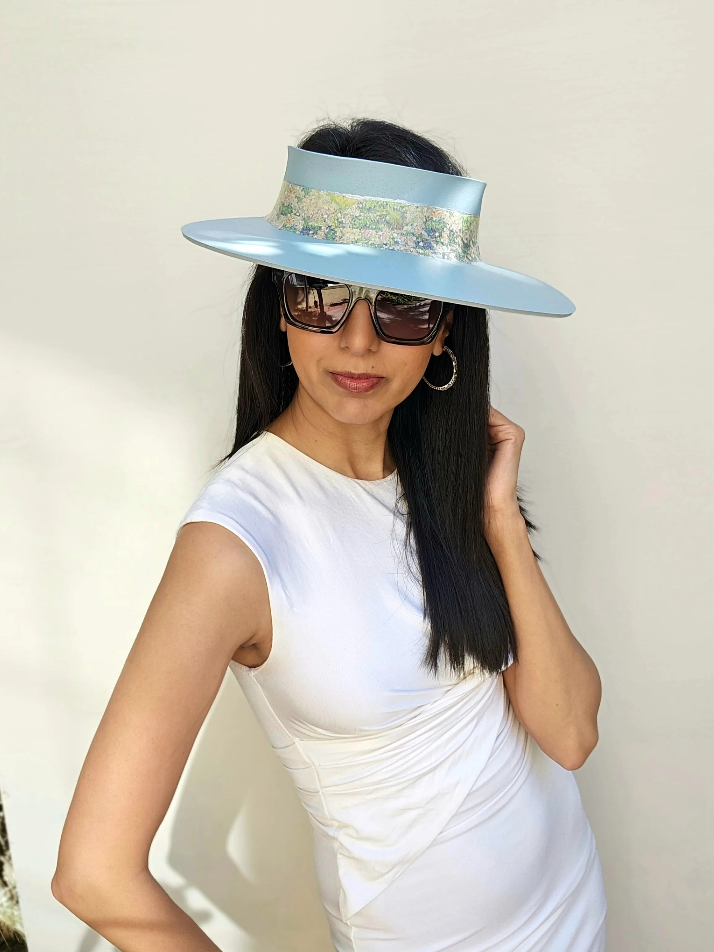 Light Blue "LadyEVA" Visor Hat with Monet Style Floral Band