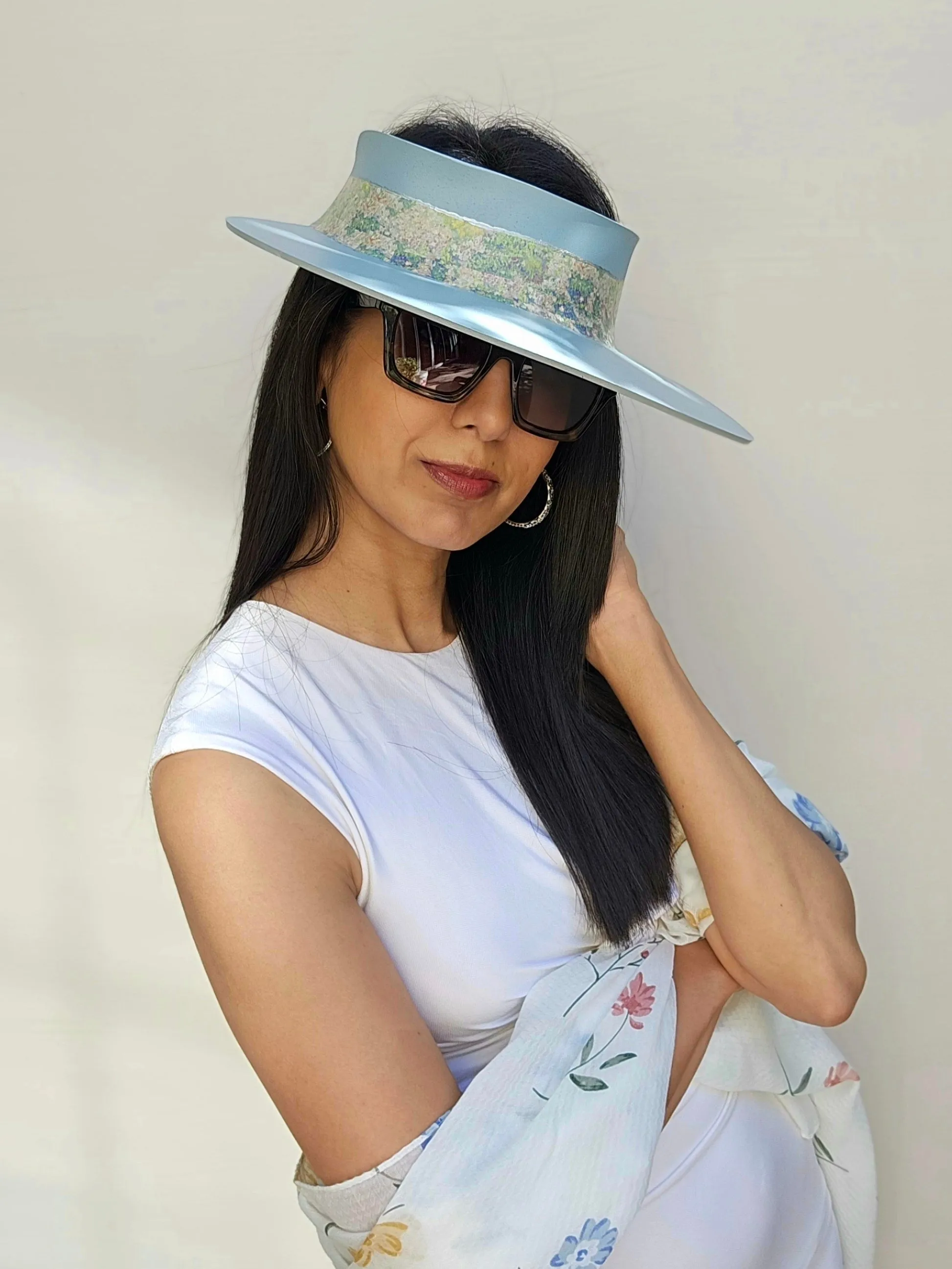 Light Blue "LadyEVA" Visor Hat with Monet Style Floral Band