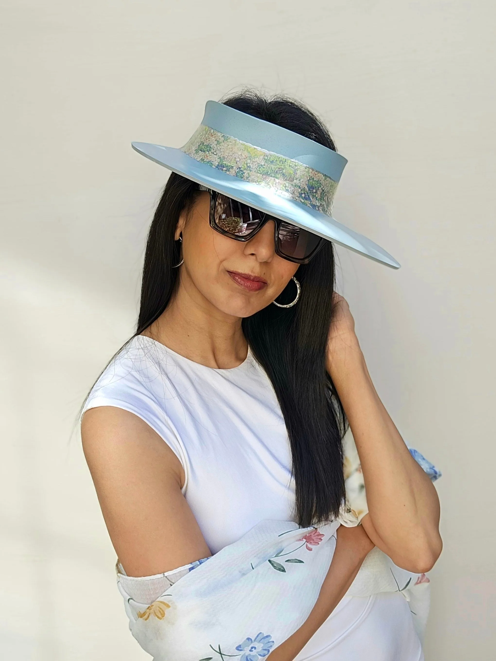 Light Blue "LadyEVA" Visor Hat with Monet Style Floral Band