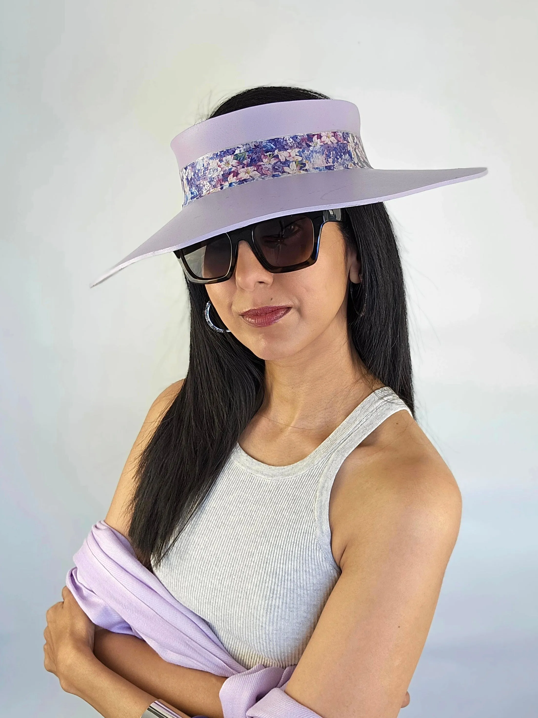 Lilac Purple Lotus Visor Hat with Purple Floral Band and Silver Paint Splatter Effect