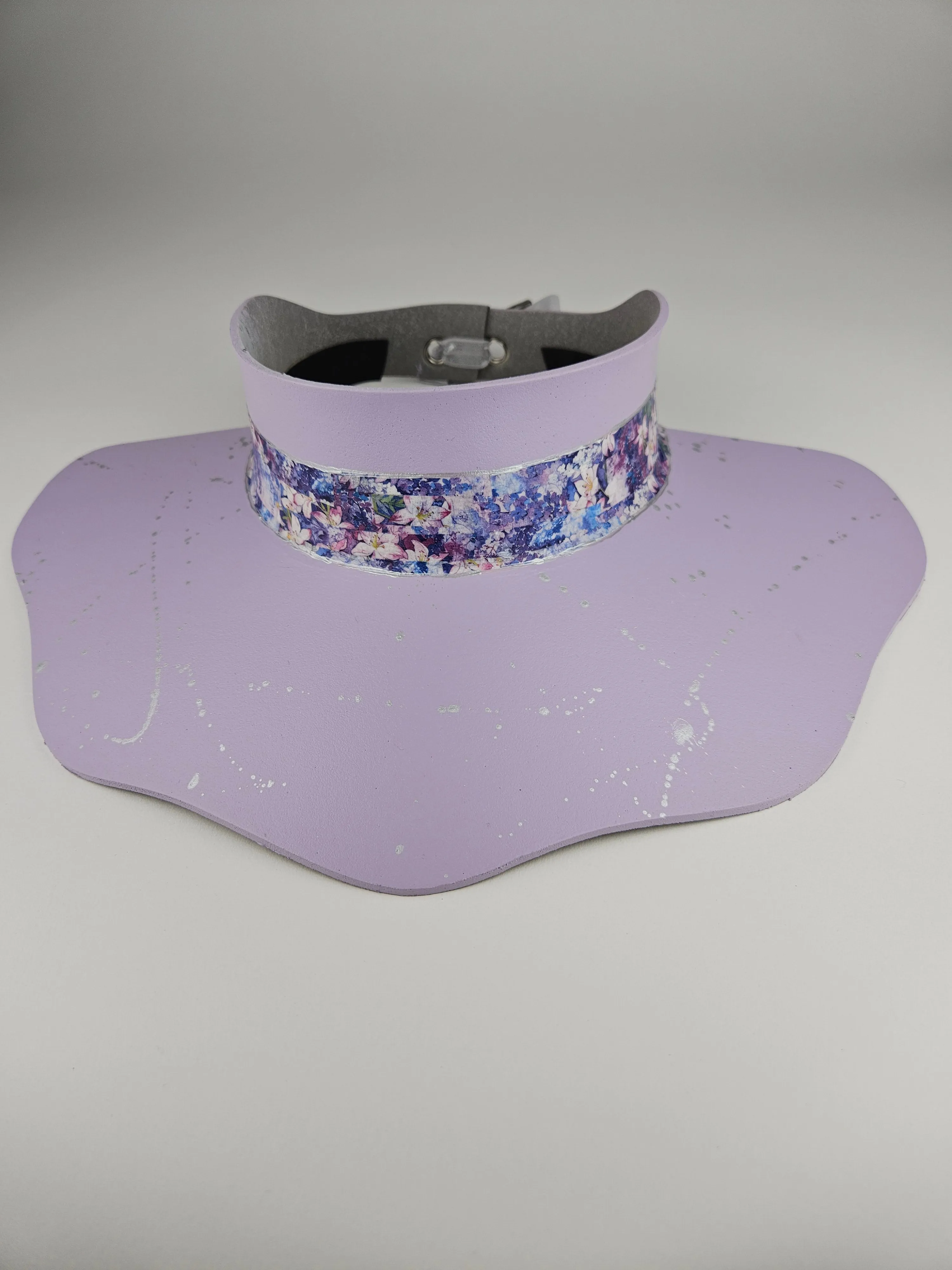 Lilac Purple Lotus Visor Hat with Purple Floral Band and Silver Paint Splatter Effect