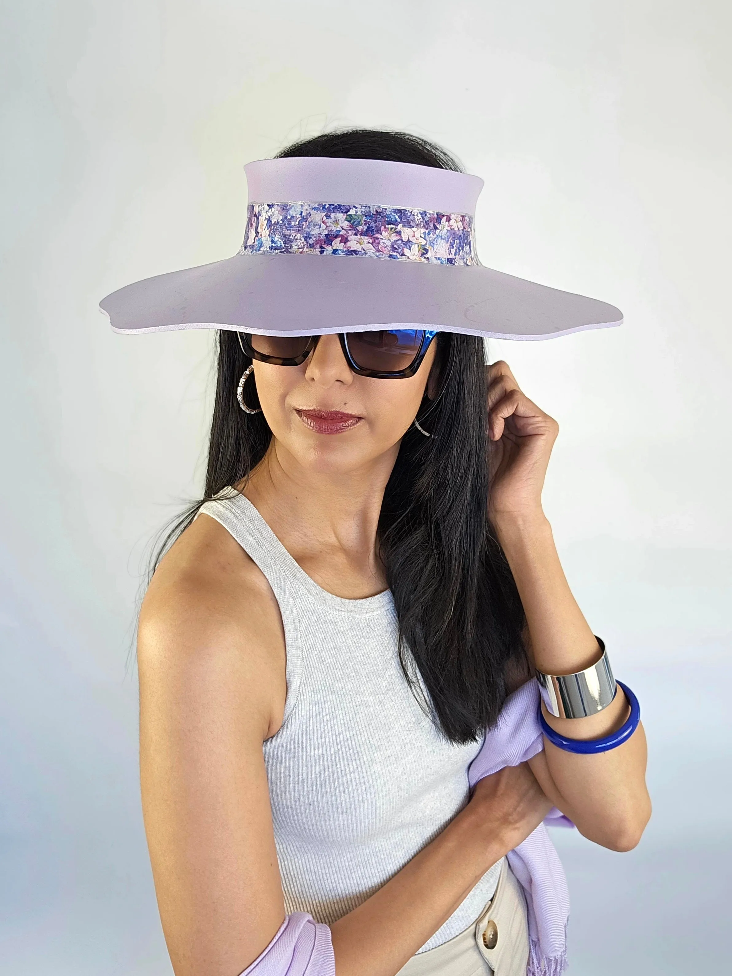 Lilac Purple Lotus Visor Hat with Purple Floral Band and Silver Paint Splatter Effect