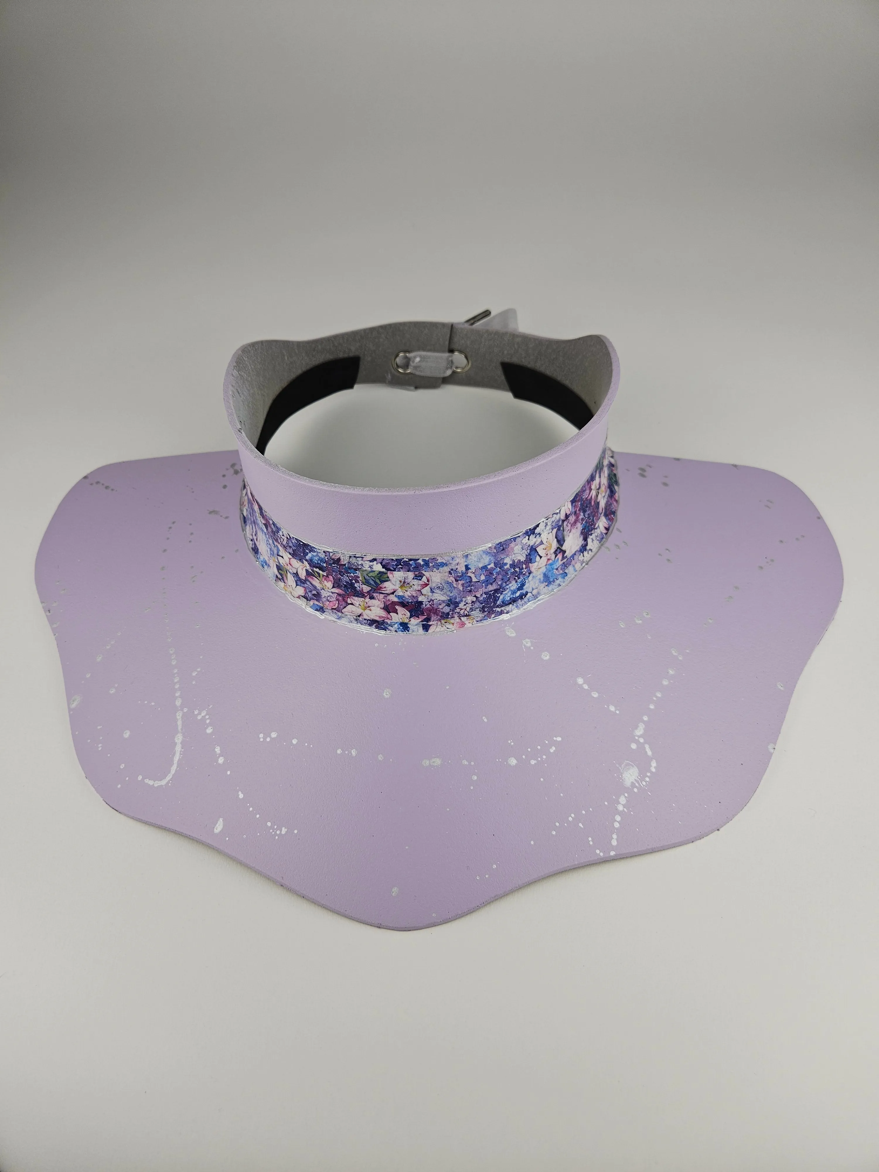 Lilac Purple Lotus Visor Hat with Purple Floral Band and Silver Paint Splatter Effect