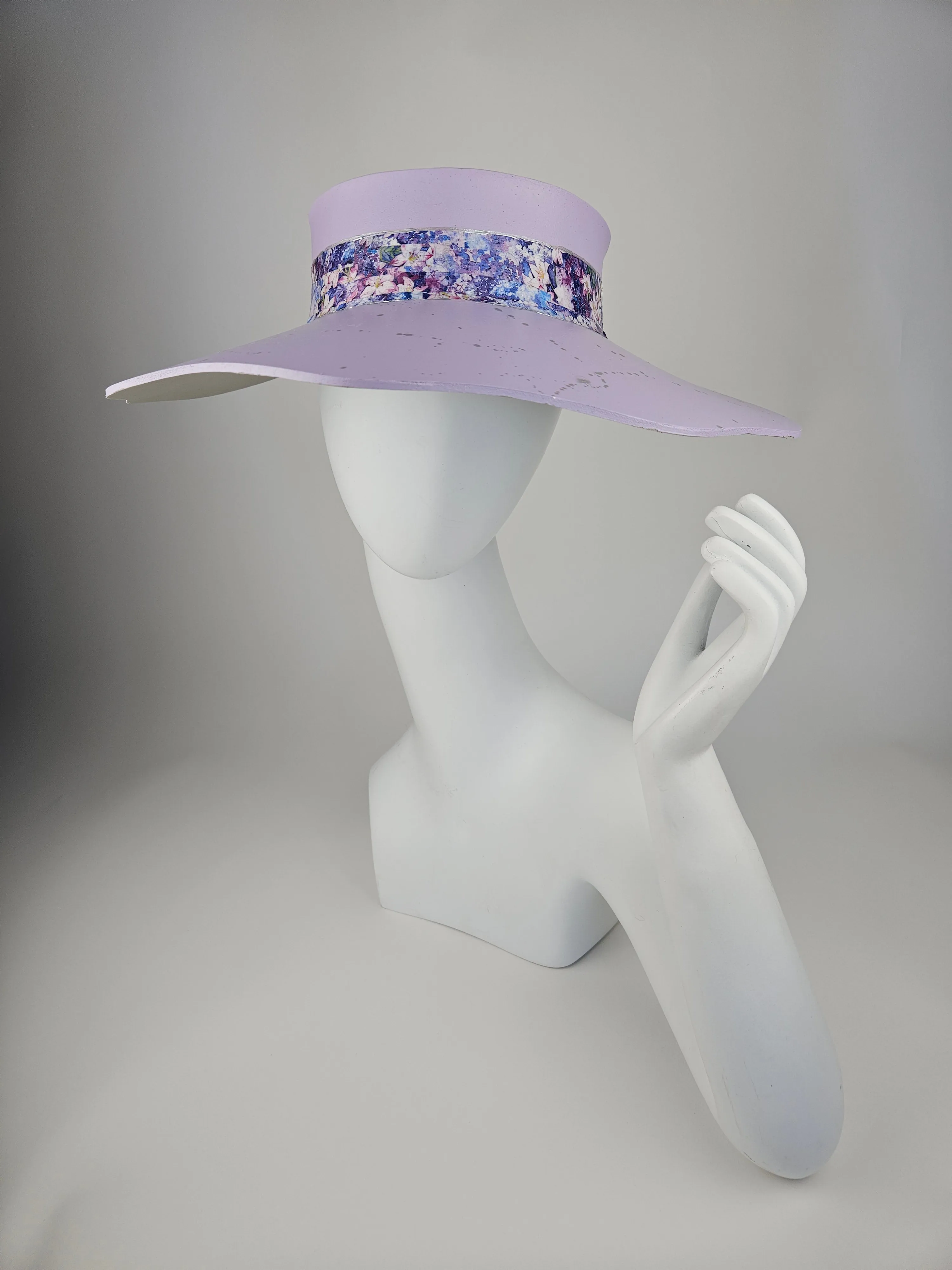 Lilac Purple Lotus Visor Hat with Purple Floral Band and Silver Paint Splatter Effect