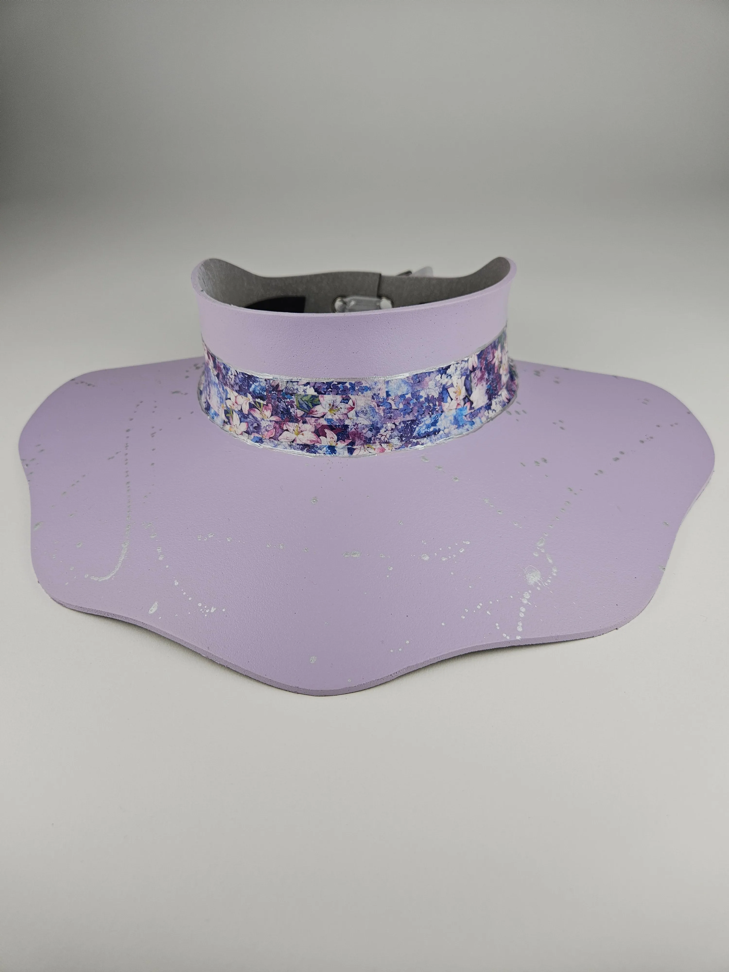 Lilac Purple Lotus Visor Hat with Purple Floral Band and Silver Paint Splatter Effect