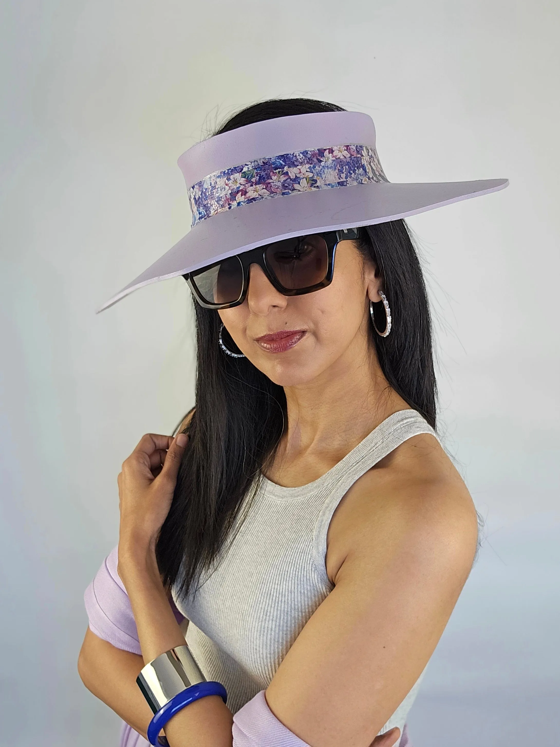 Lilac Purple Lotus Visor Hat with Purple Floral Band and Silver Paint Splatter Effect