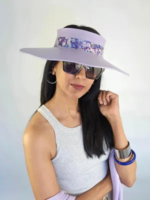 Lilac Purple Lotus Visor Hat with Purple Floral Band and Silver Paint Splatter Effect