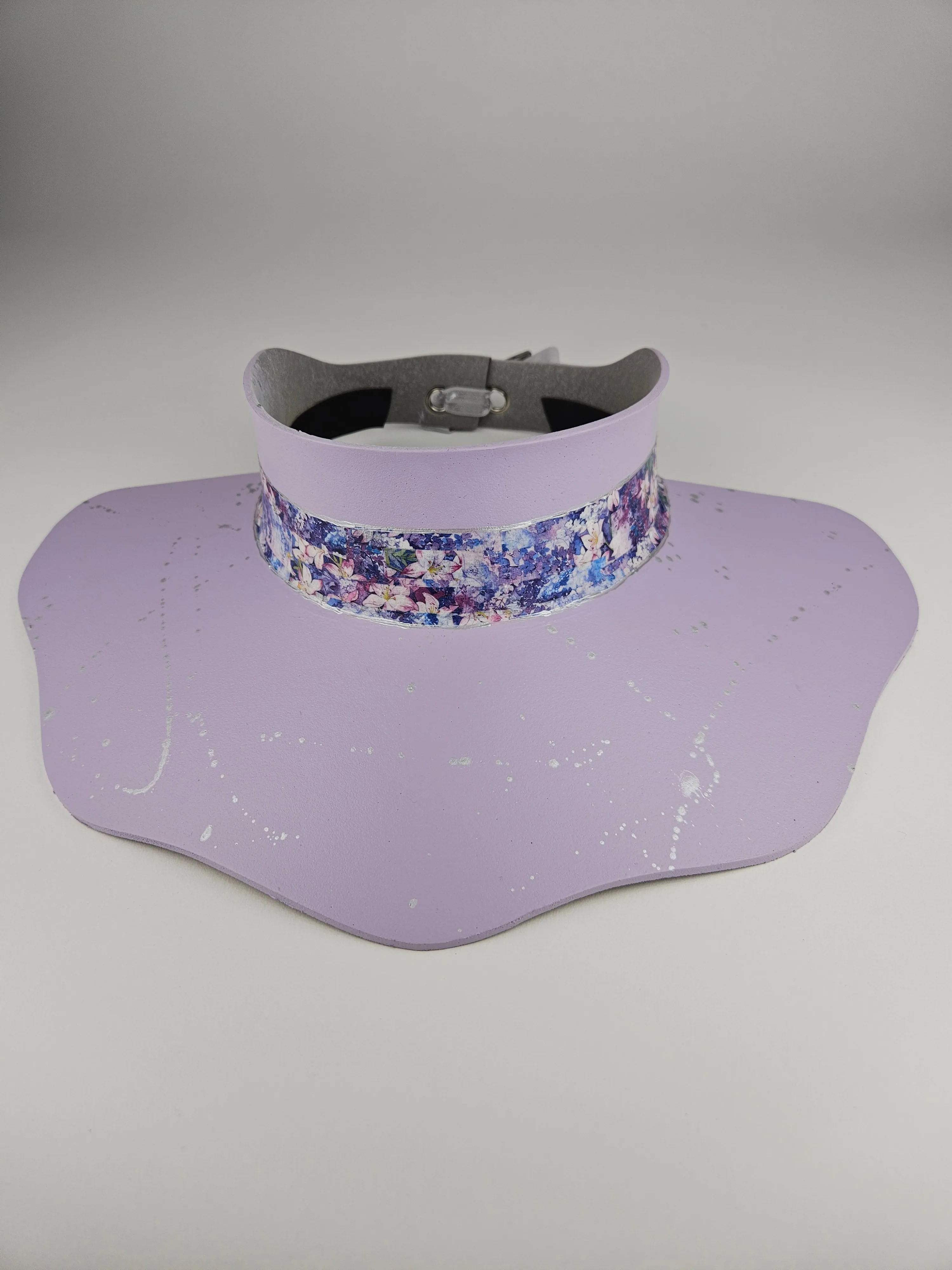 Lilac Purple Lotus Visor Hat with Purple Floral Band and Silver Paint Splatter Effect