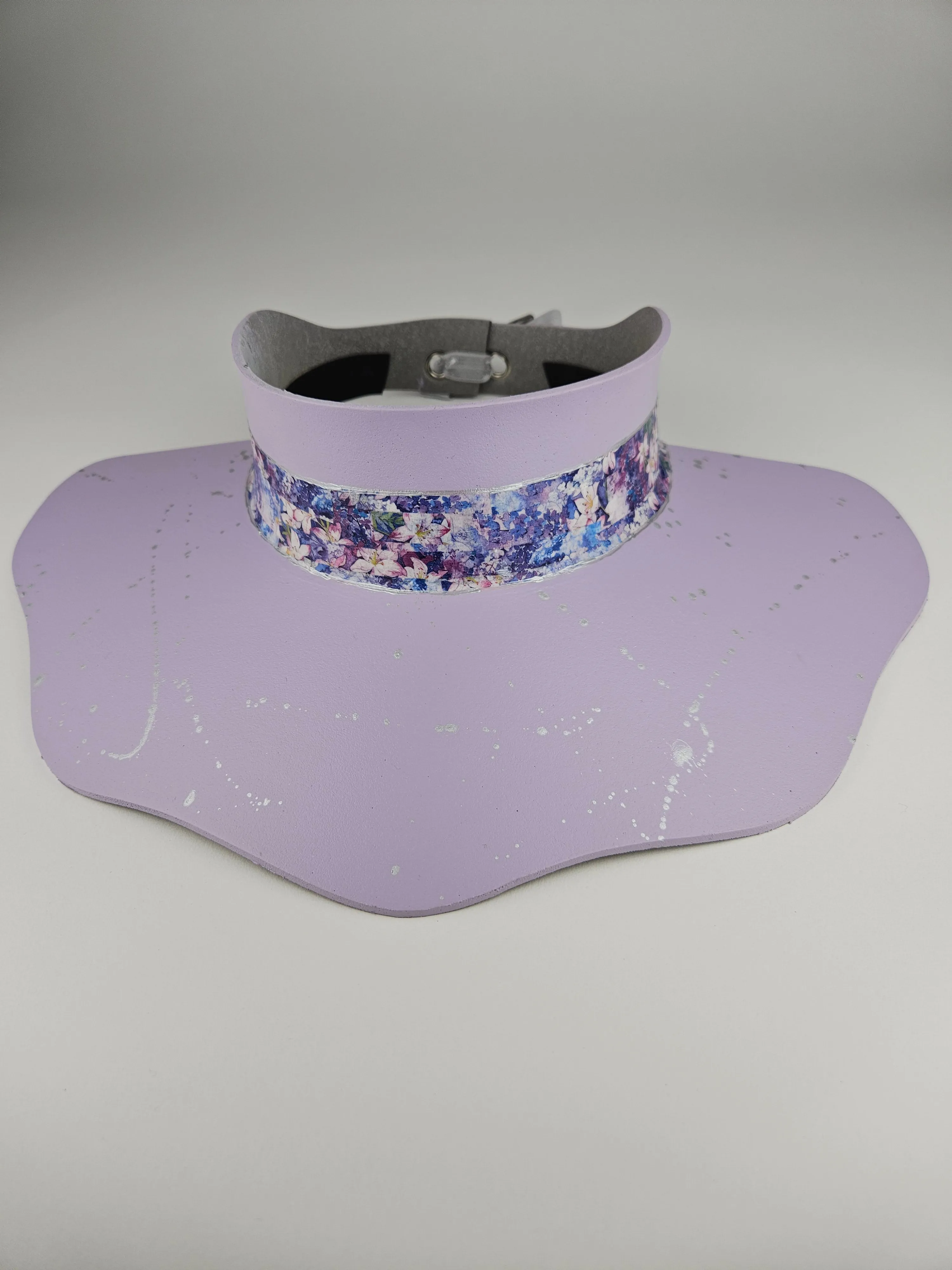 Lilac Purple Lotus Visor Hat with Purple Floral Band and Silver Paint Splatter Effect