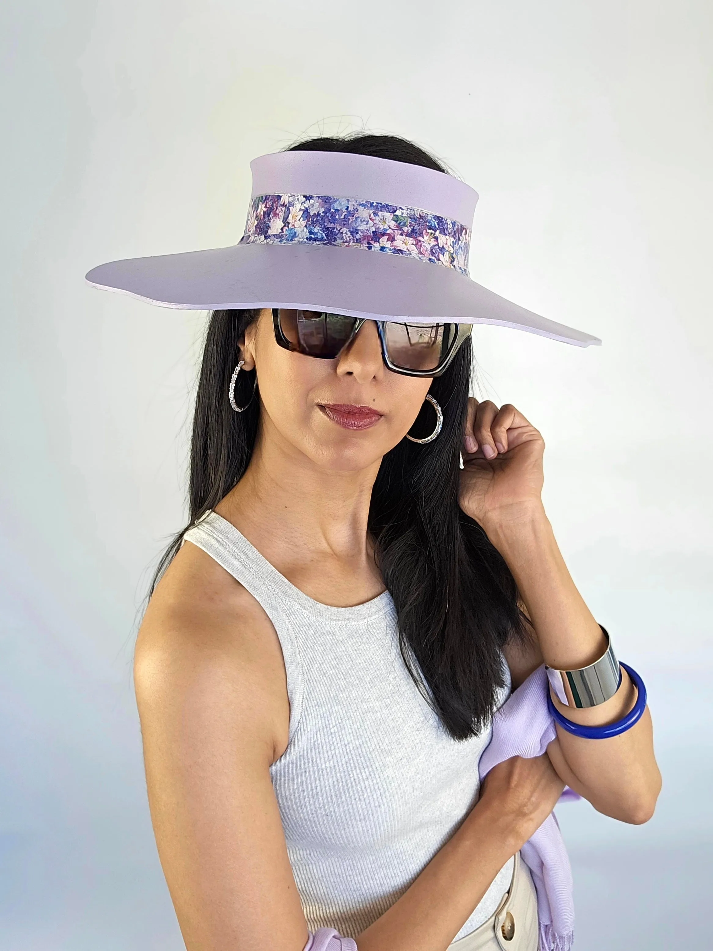 Lilac Purple Lotus Visor Hat with Purple Floral Band and Silver Paint Splatter Effect