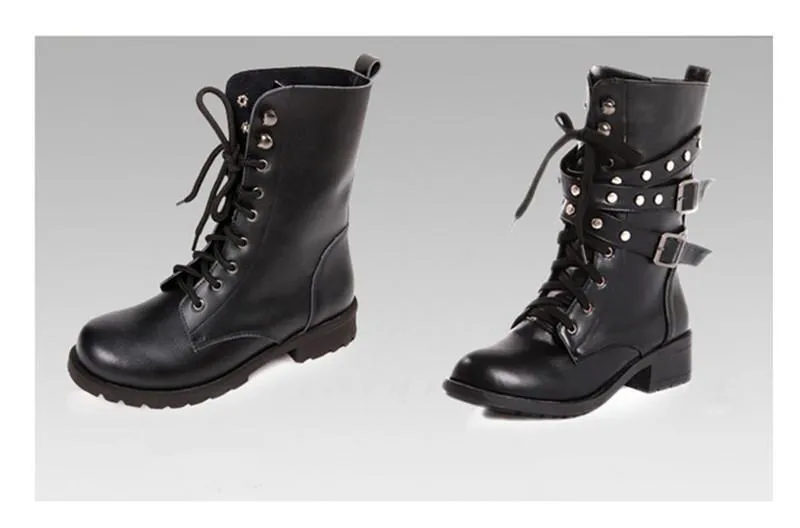 Low Heel Rivets Black Gothic Belted Boots