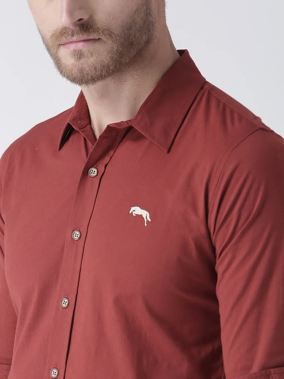 Men Red Solid Cotton Regular Fit Shirt