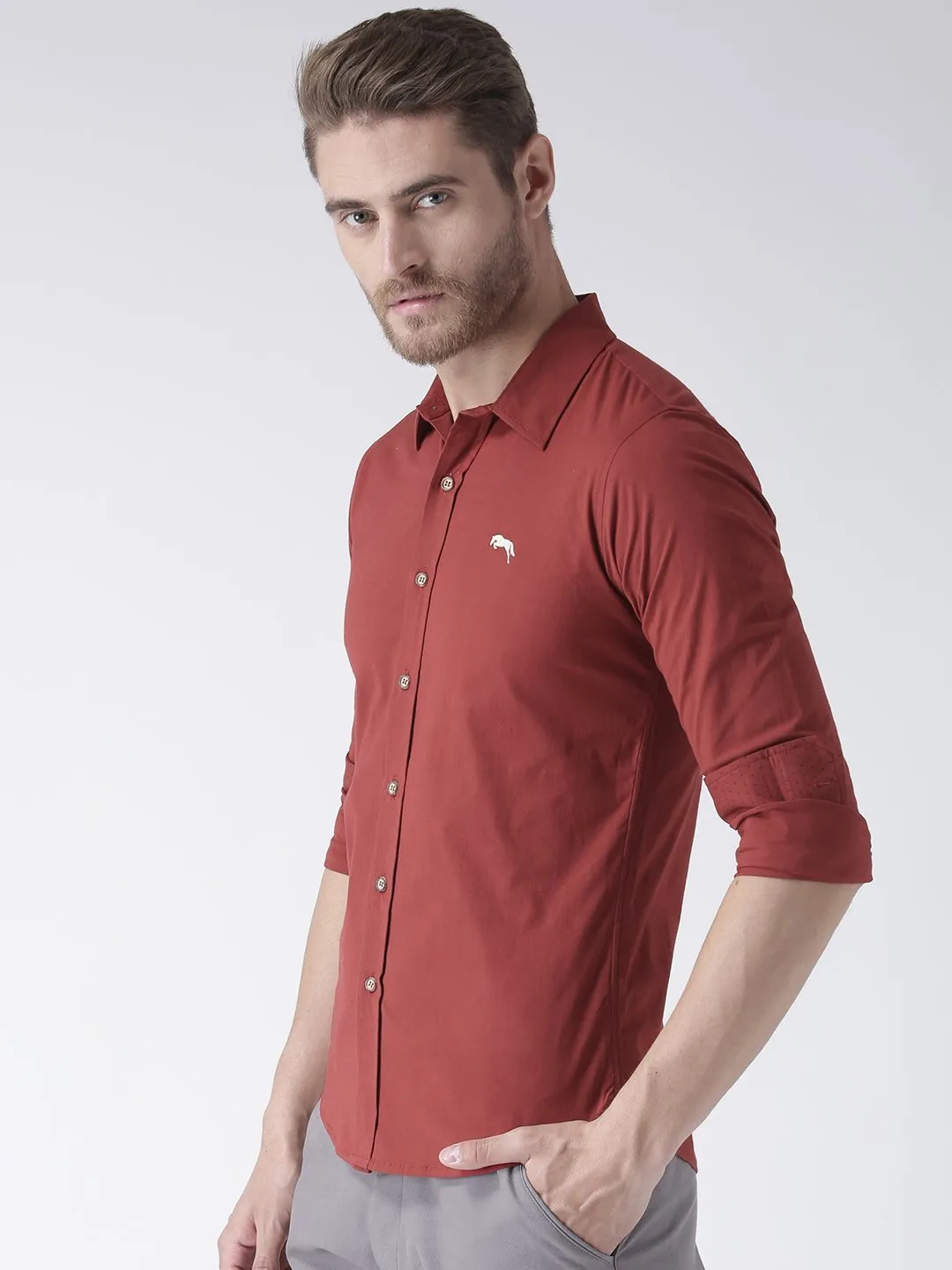 Men Red Solid Cotton Regular Fit Shirt