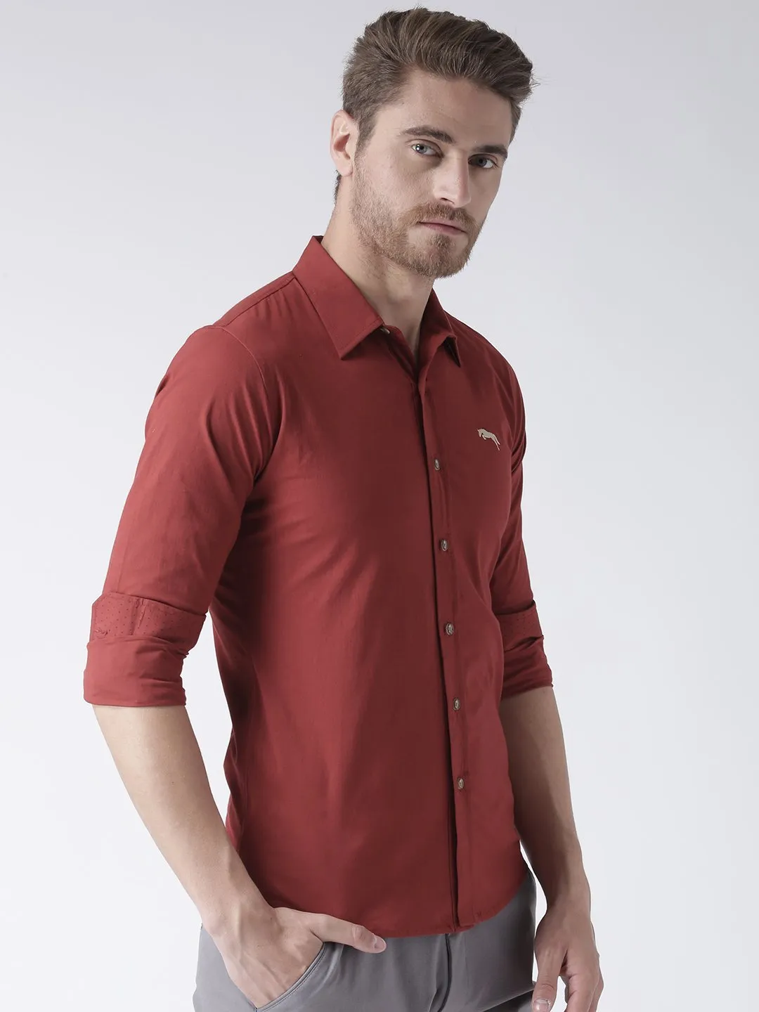 Men Red Solid Cotton Regular Fit Shirt