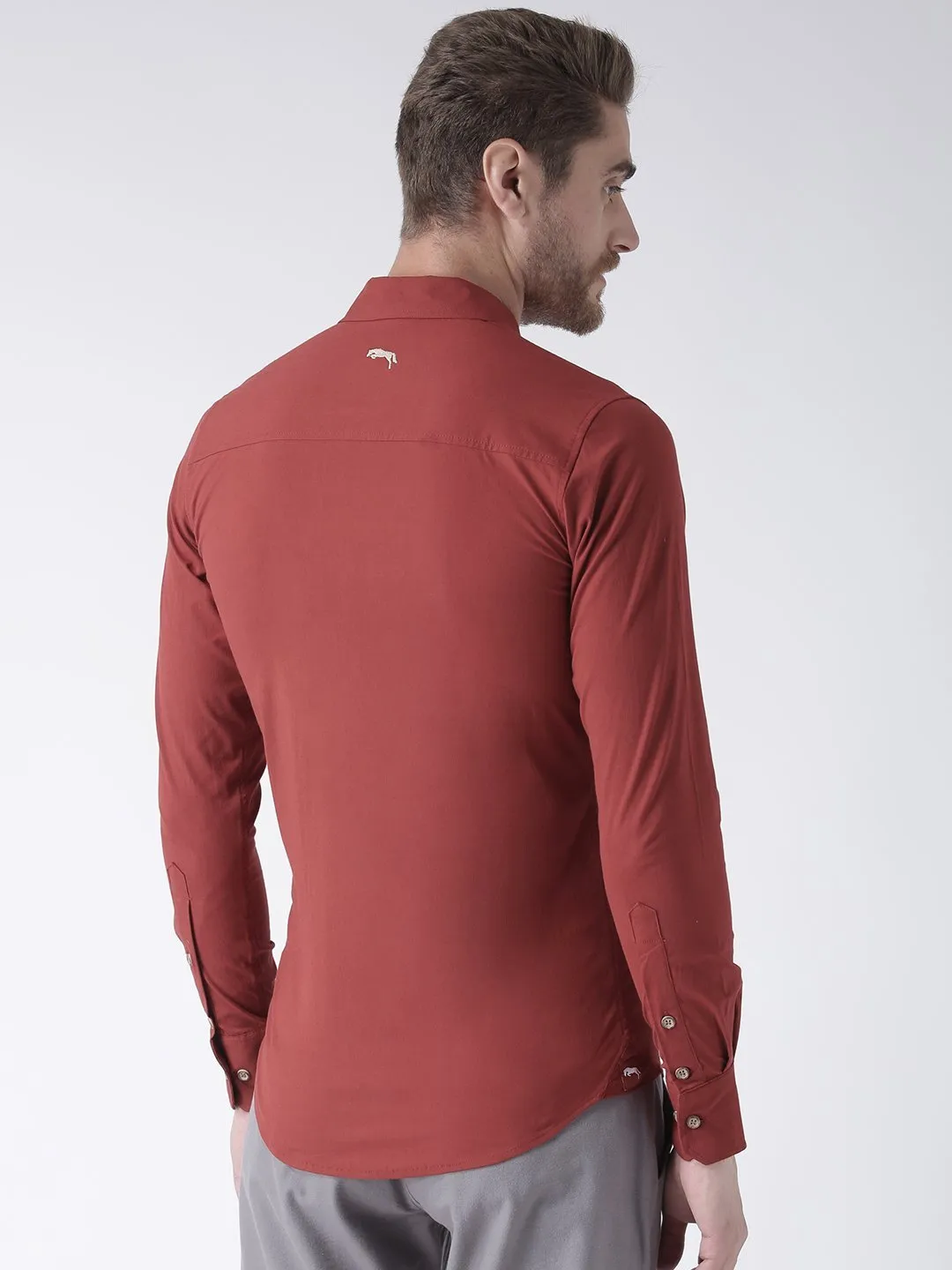 Men Red Solid Cotton Regular Fit Shirt