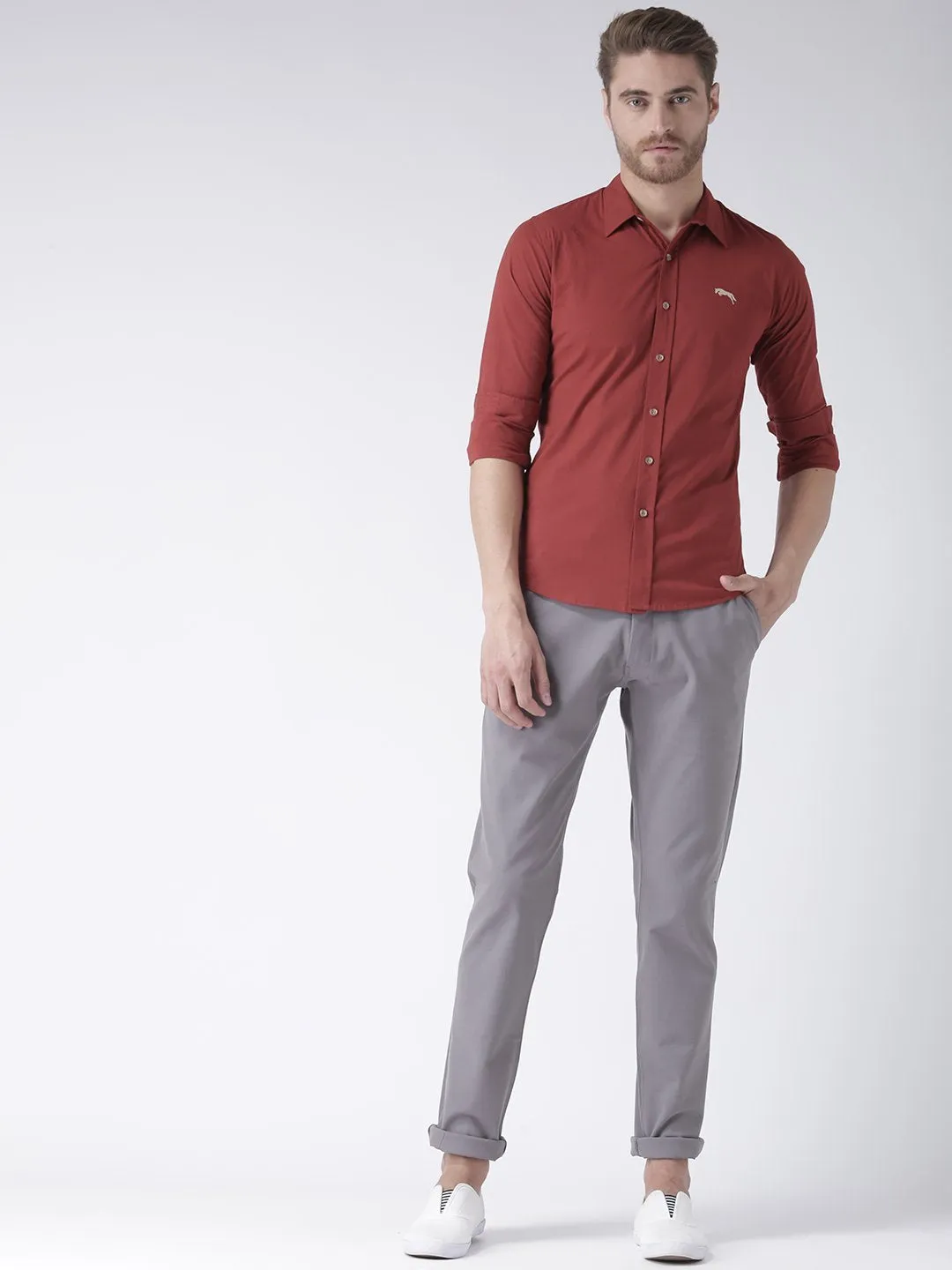 Men Red Solid Cotton Regular Fit Shirt