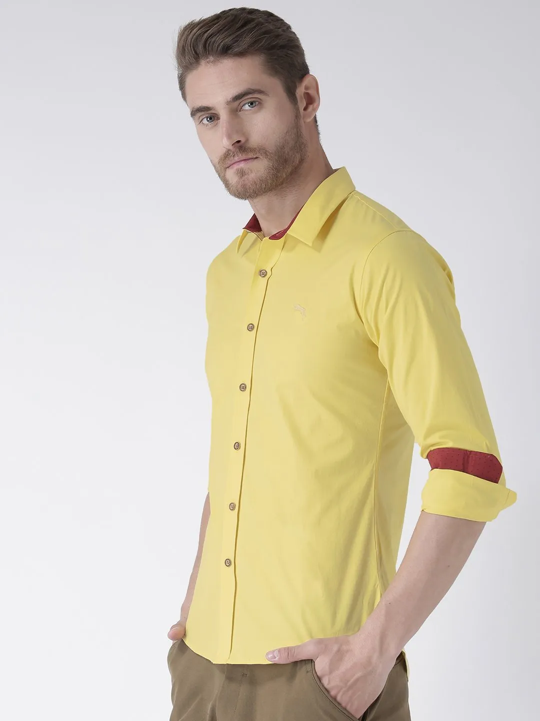 Men Yellow Solid Cotton Regular Fit Shirt