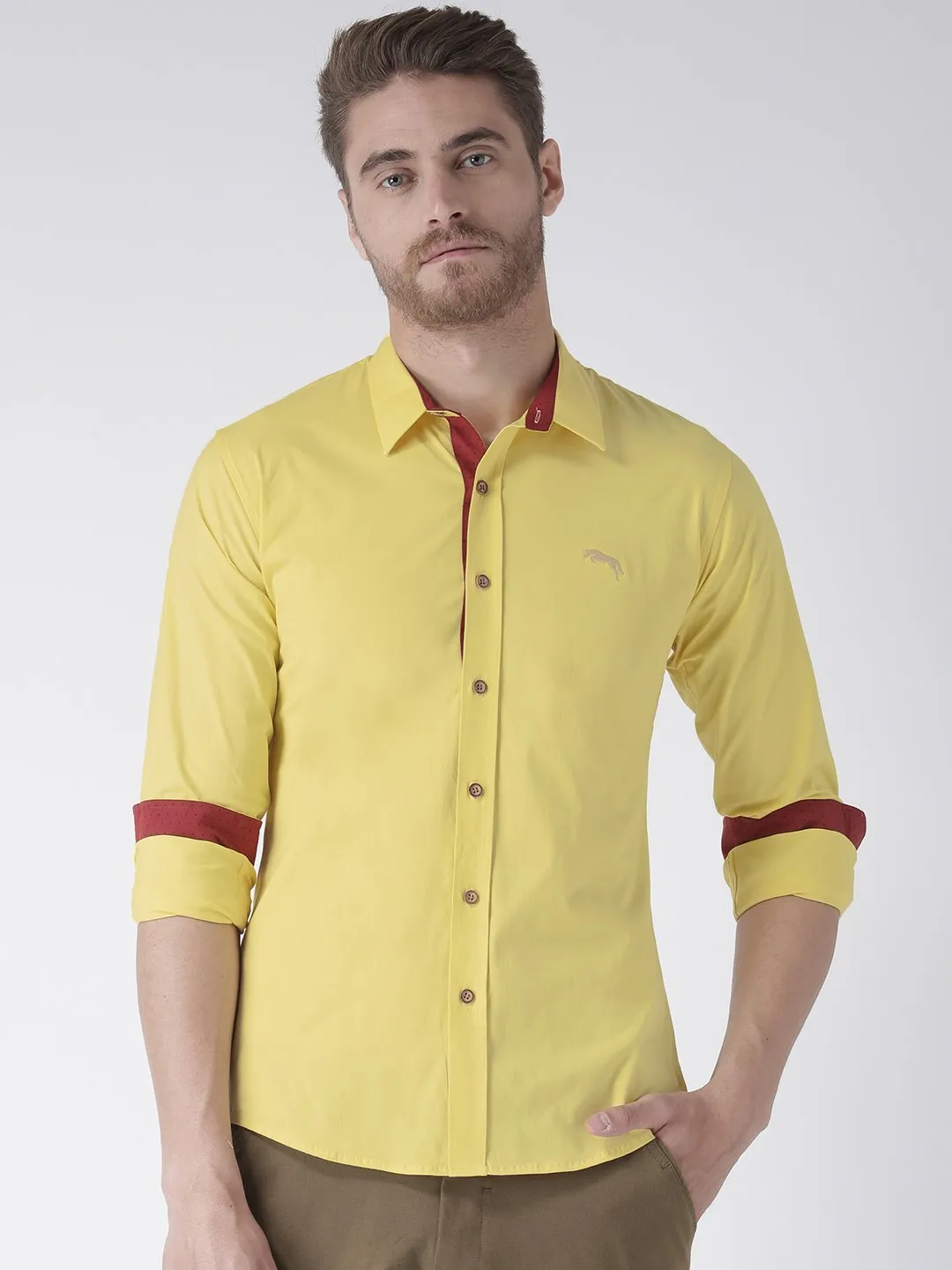 Men Yellow Solid Cotton Regular Fit Shirt