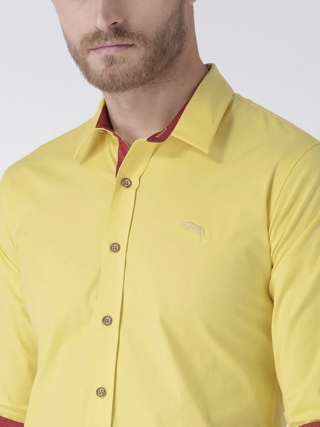 Men Yellow Solid Cotton Regular Fit Shirt