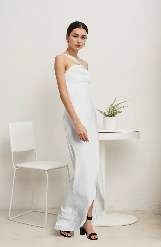 Modern Asymmetrical strap hollowed waist satin bridal dress front slit reception bridal party