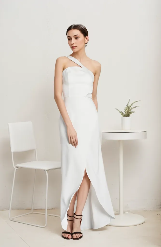 Modern Asymmetrical strap hollowed waist satin bridal dress front slit reception bridal party