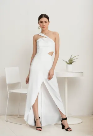 Modern Asymmetrical strap hollowed waist satin bridal dress front slit reception bridal party