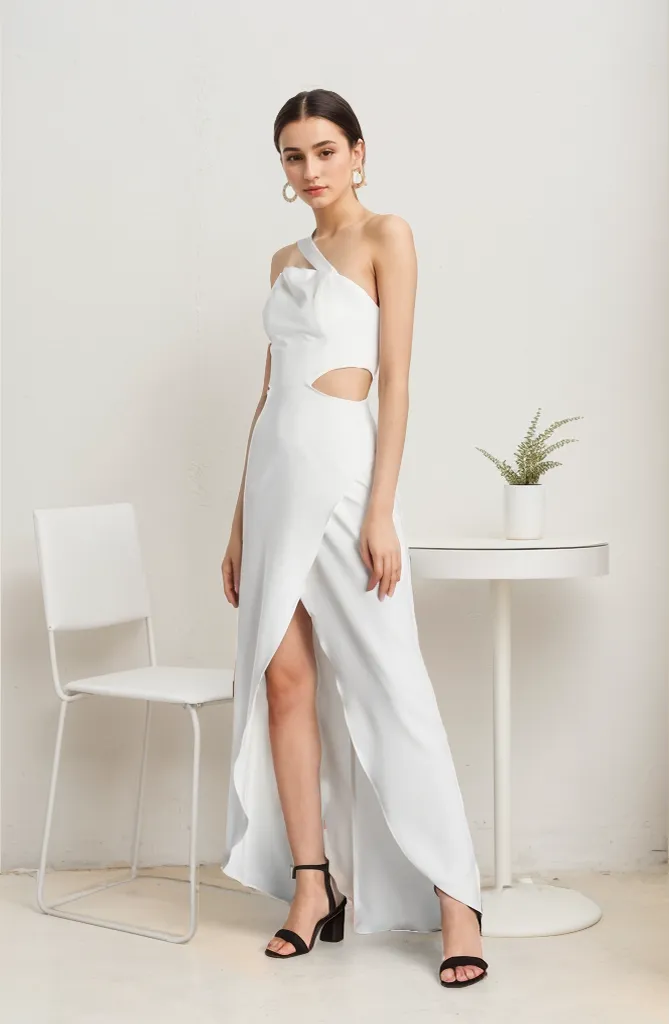 Modern Asymmetrical strap hollowed waist satin bridal dress front slit reception bridal party