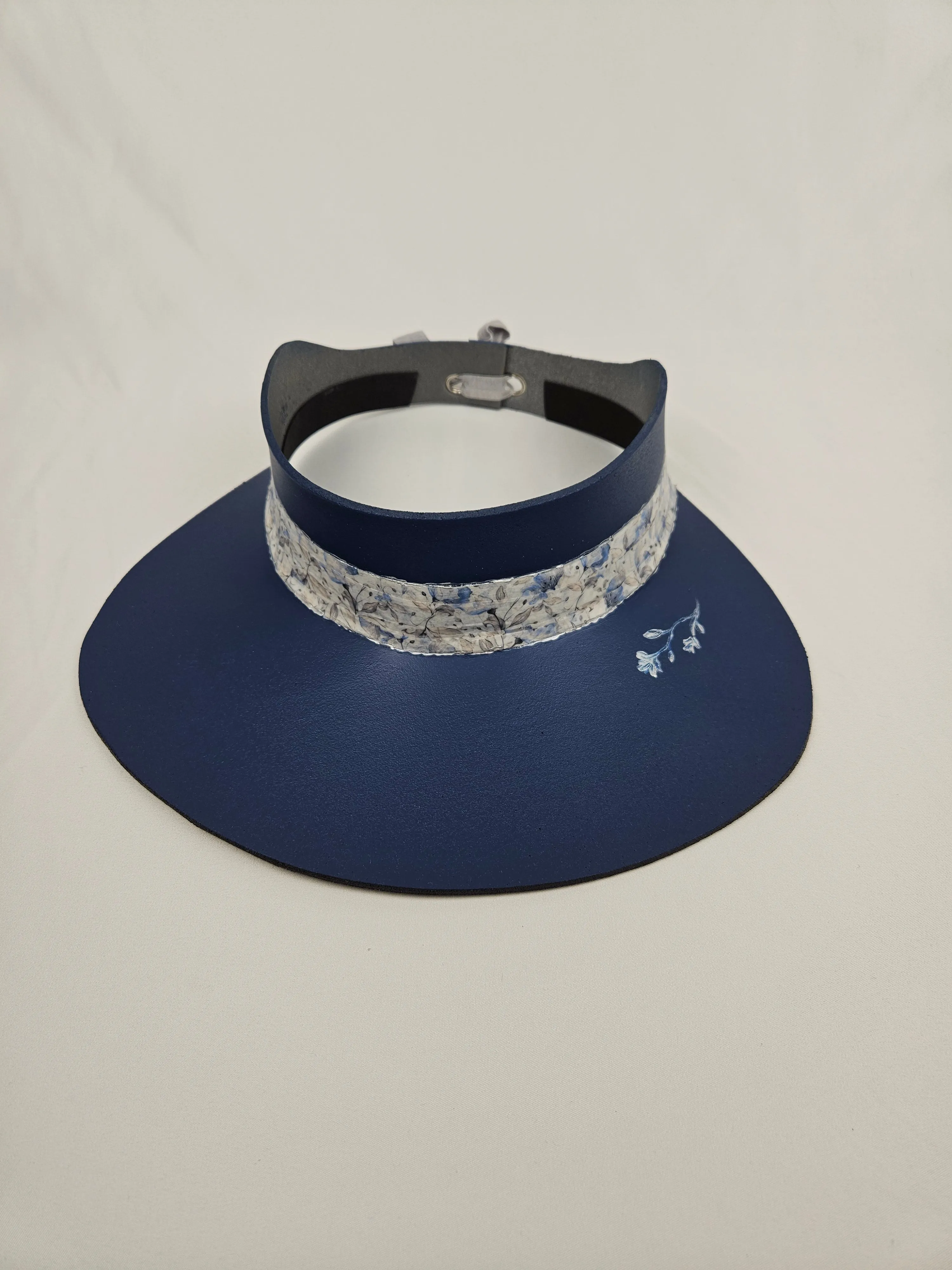 Navy Blue "LadyEVA" Visor Hat with Blue Floral Band and Handpainted Floral Motif