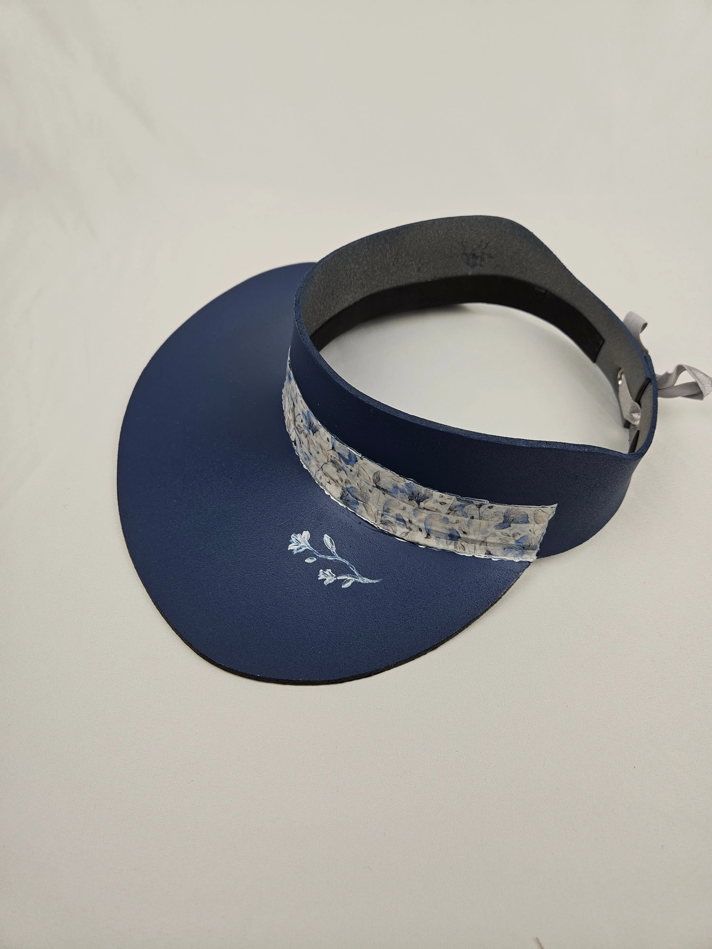 Navy Blue "LadyEVA" Visor Hat with Blue Floral Band and Handpainted Floral Motif