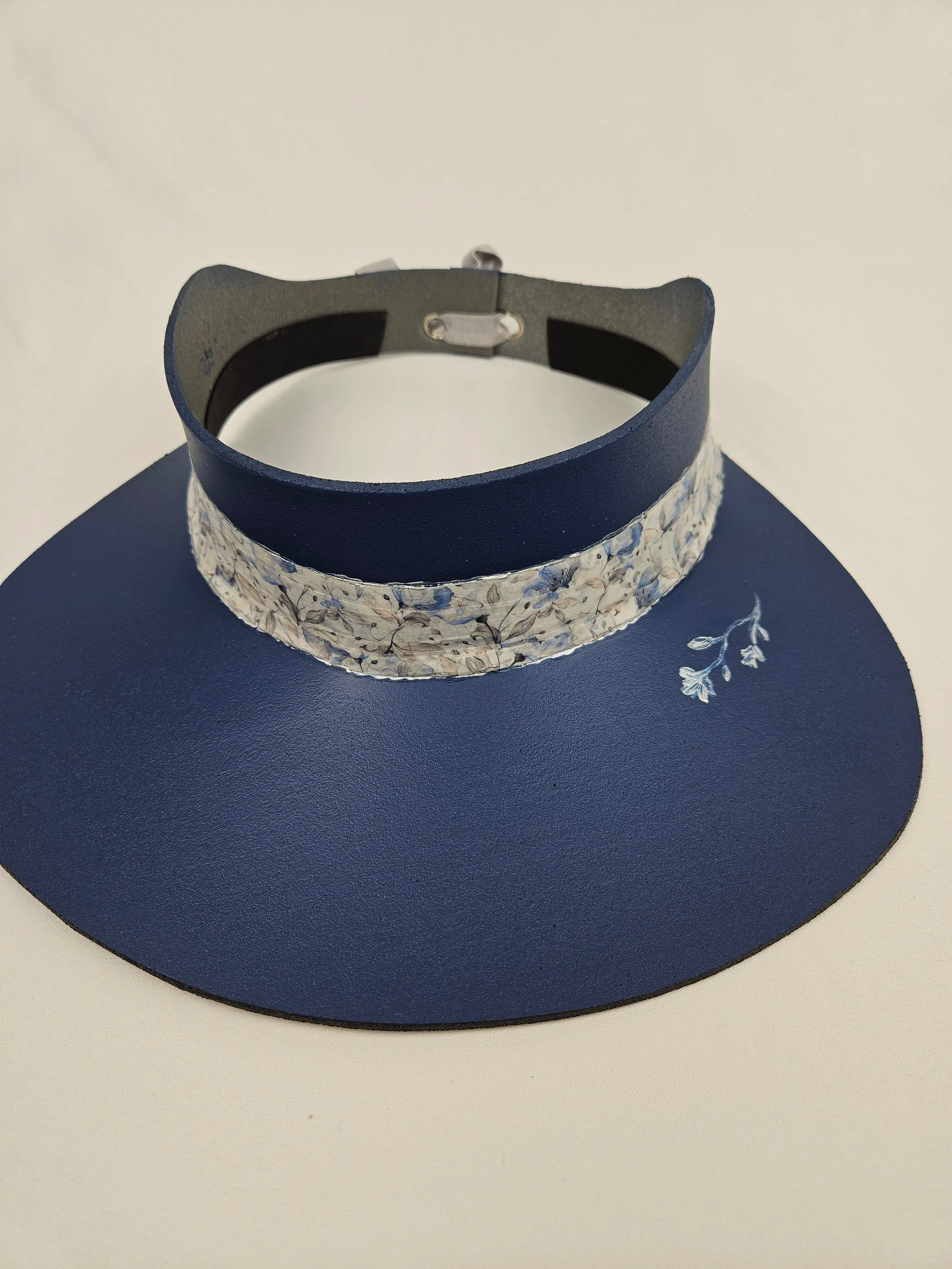 Navy Blue "LadyEVA" Visor Hat with Blue Floral Band and Handpainted Floral Motif