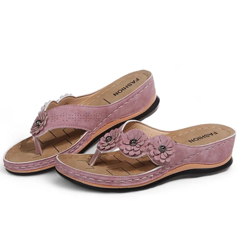 OCW Women Orthopedic Shoes Comfort Leather Flat Floral Summer Flip-flops