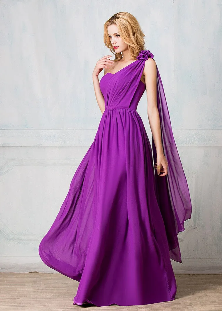 One-shoulder full-length chiffon long prom dress