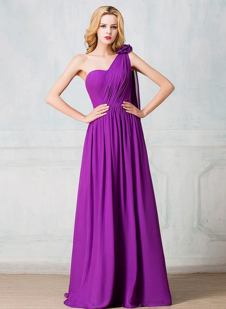 One-shoulder full-length chiffon long prom dress