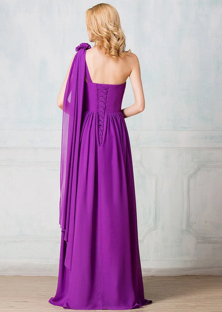 One-shoulder full-length chiffon long prom dress