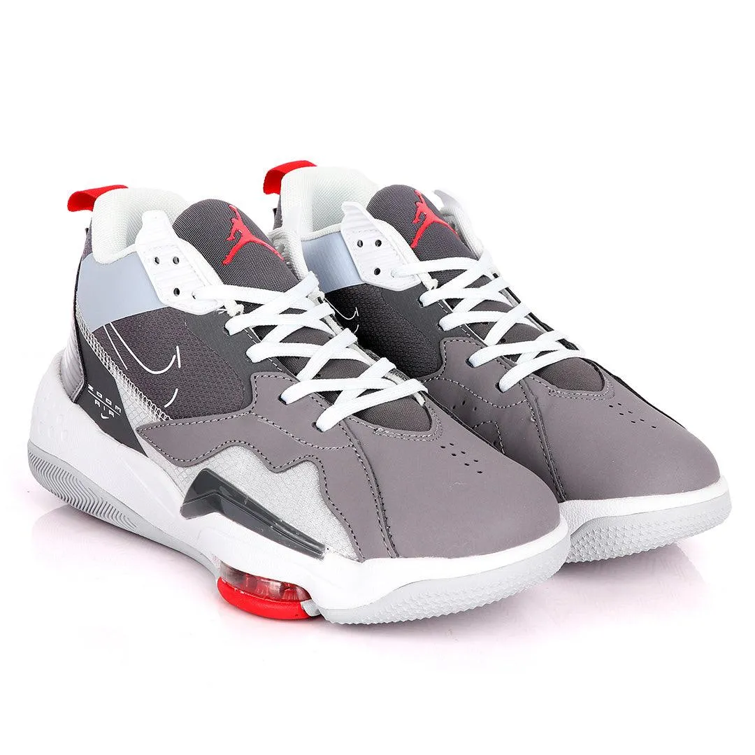 Original Air Jordan Zoom Grey And White Sneakers With Classic Red Designs