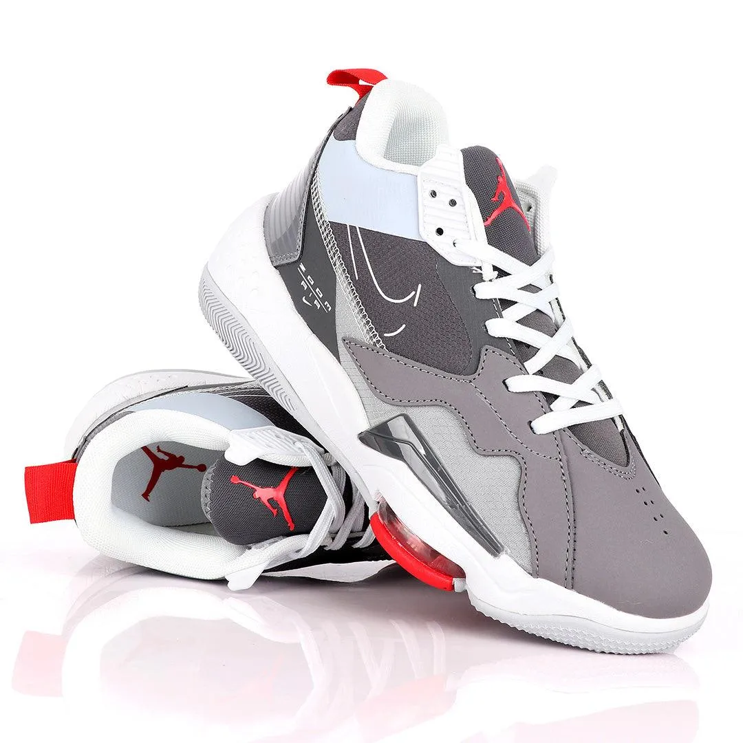 Original Air Jordan Zoom Grey And White Sneakers With Classic Red Designs