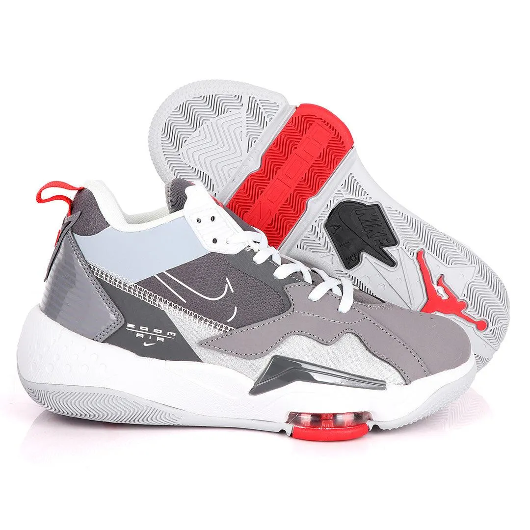 Original Air Jordan Zoom Grey And White Sneakers With Classic Red Designs