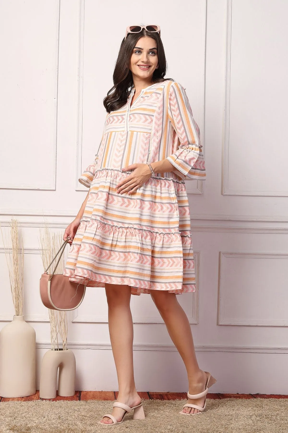 Peachy Glow Luxe Stripe Maternity Feeding Dress