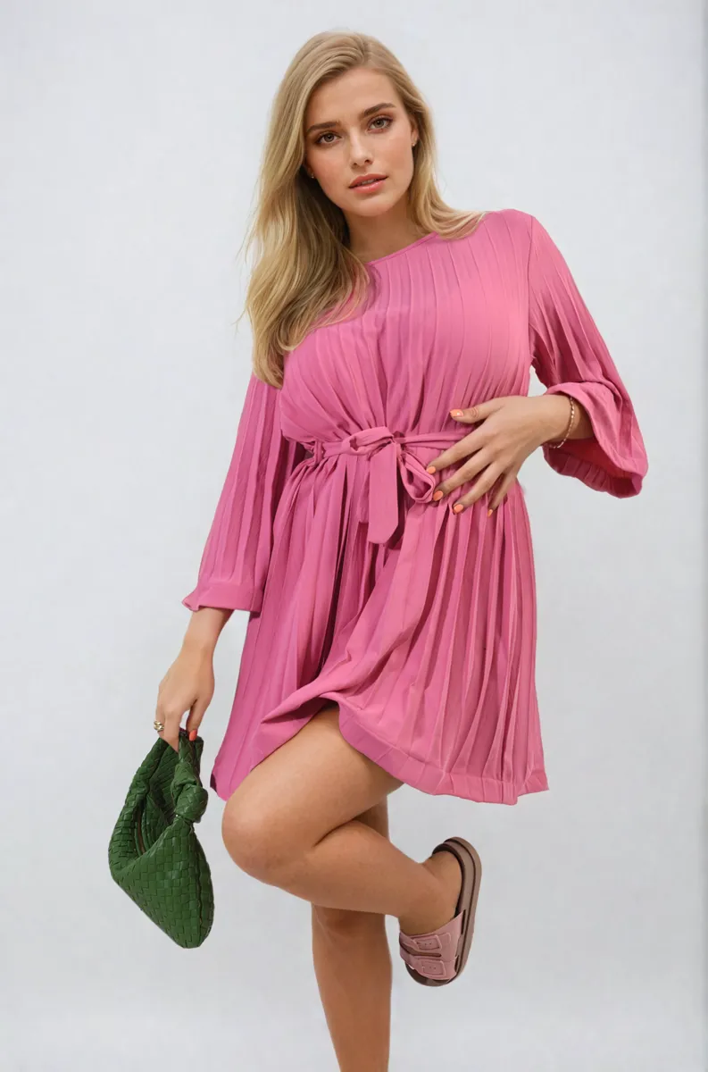 Pleated Tie Waist Mini Dress