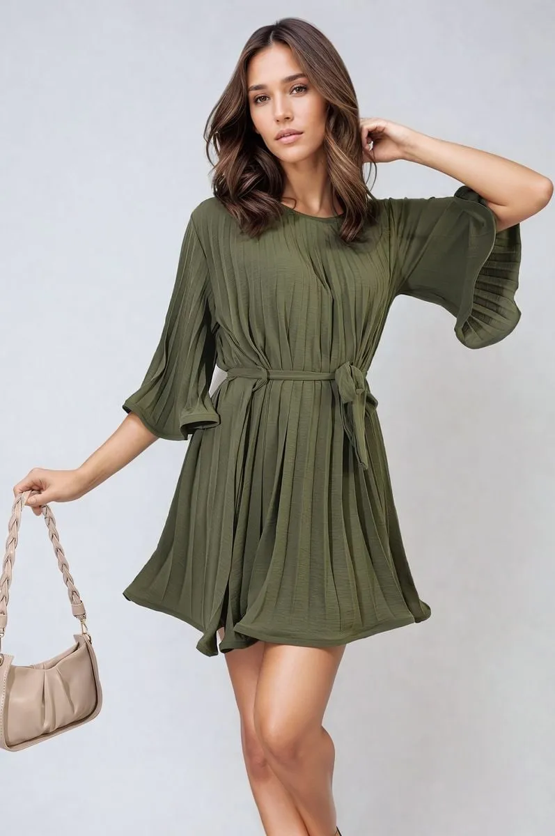 Pleated Tie Waist Mini Dress