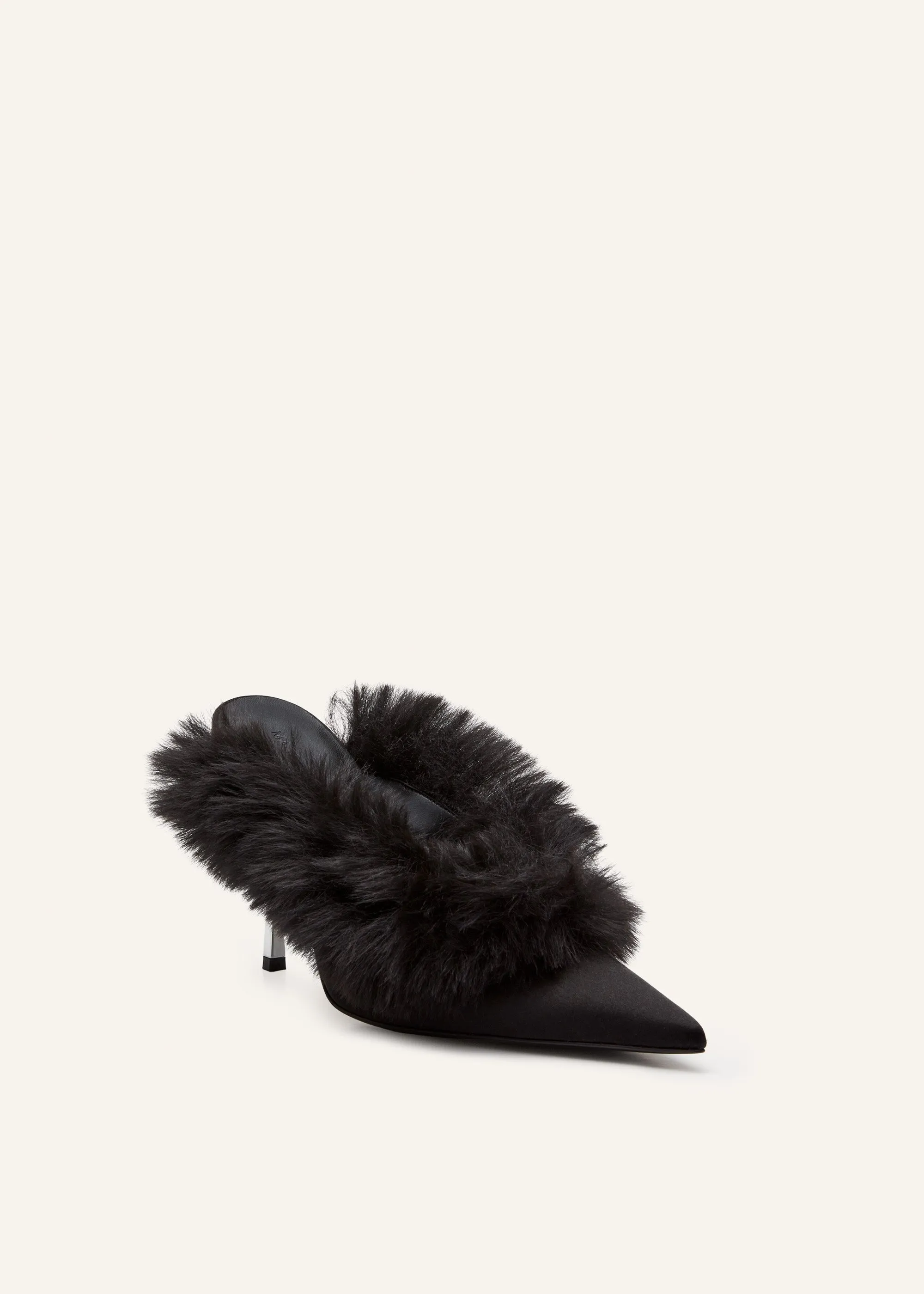 Pointed-toe faux-fur mules in black satin