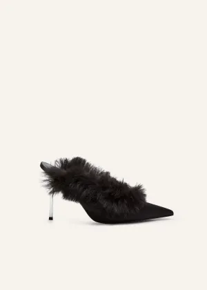 Pointed-toe faux-fur mules in black satin