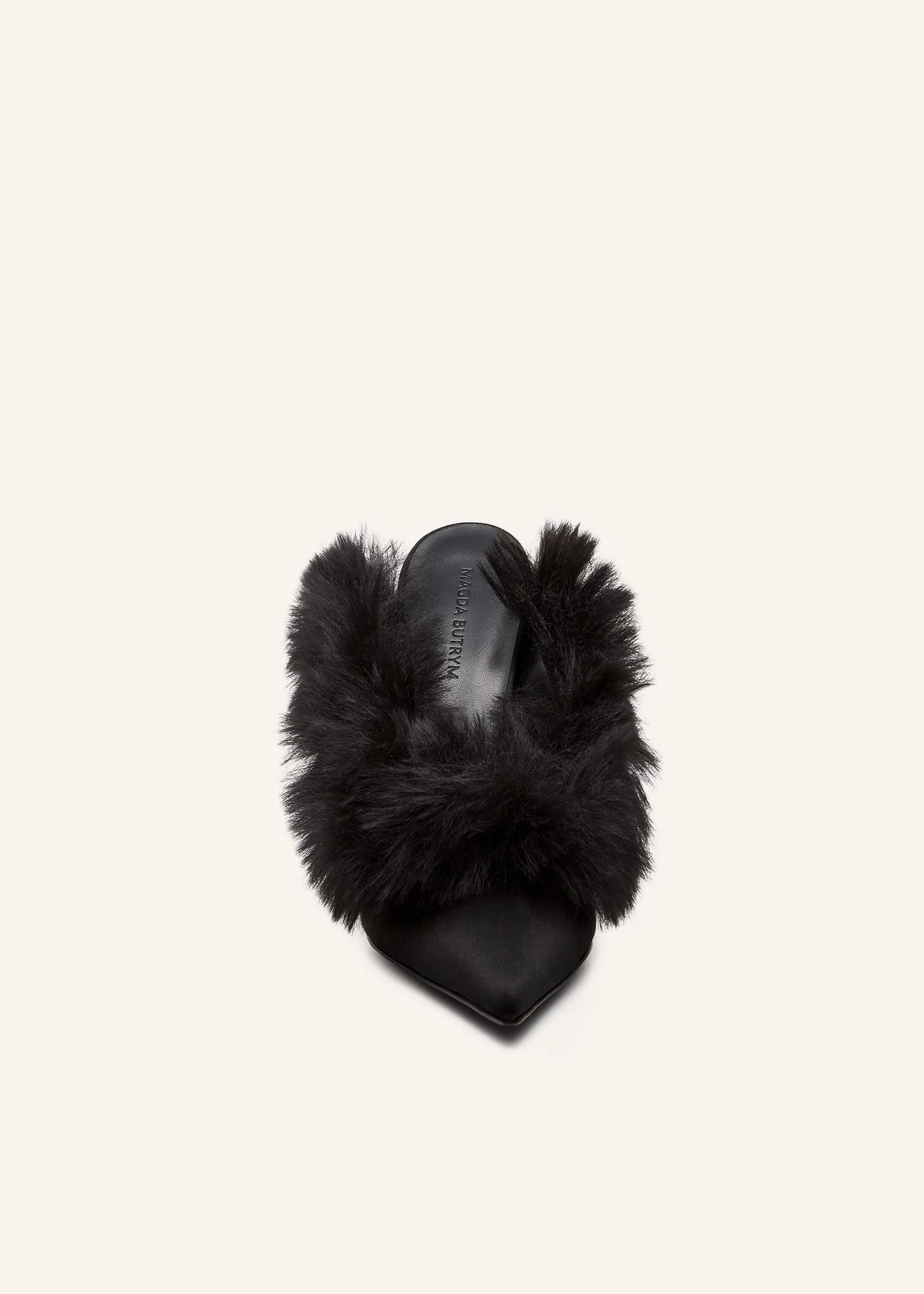 Pointed-toe faux-fur mules in black satin