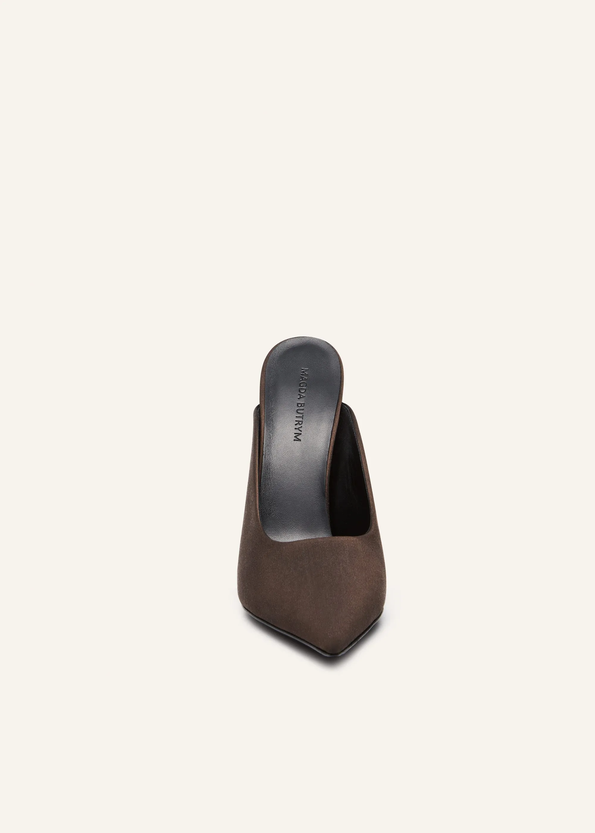 Pointed-toe mules in brown satin