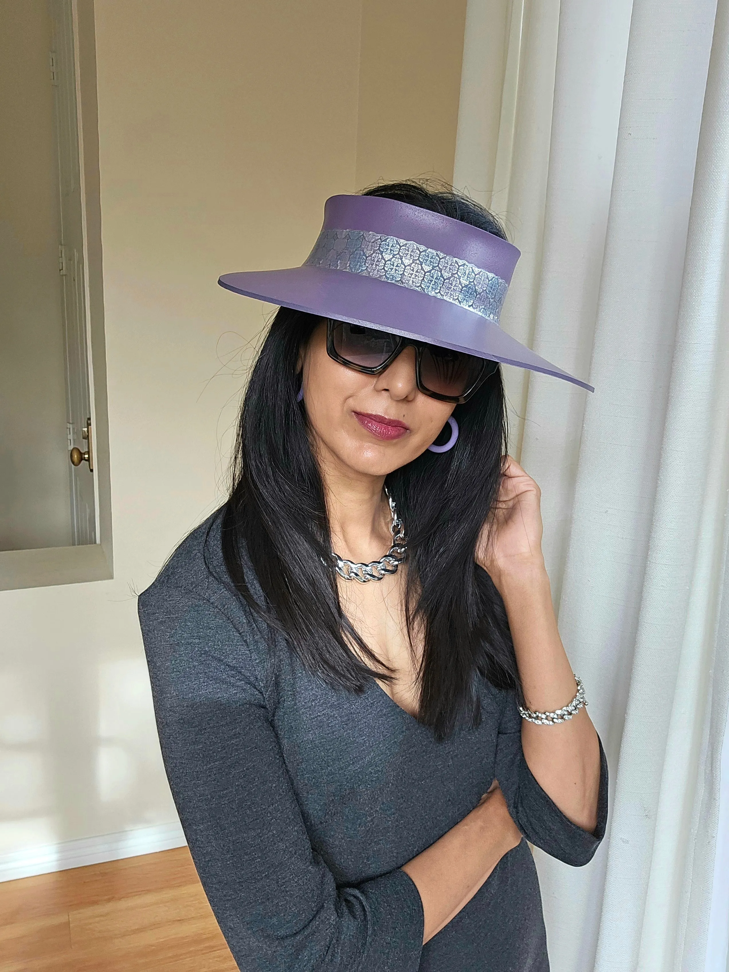 Purple LadyEVA Visor Hat with Silver Geometric Band