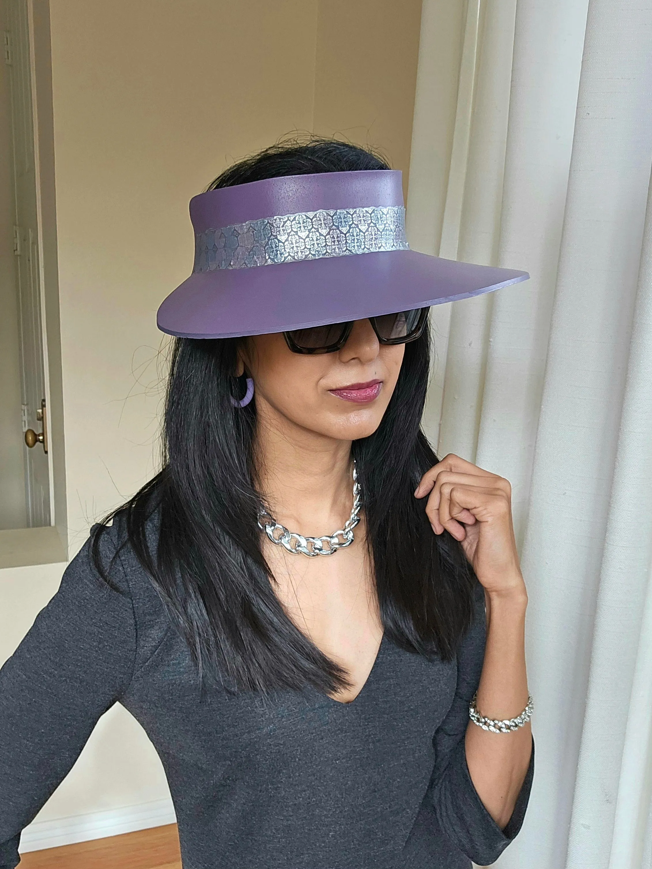 Purple LadyEVA Visor Hat with Silver Geometric Band