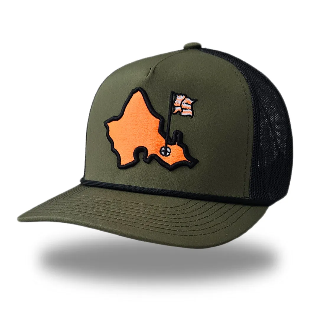 "OGA Island Trucker" - Lau Lau Green/Black Trucker Snapback - Orange Island Logo