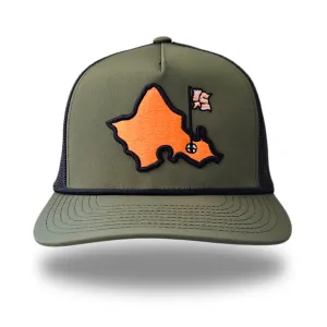 "OGA Island Trucker" - Lau Lau Green/Black Trucker Snapback - Orange Island Logo