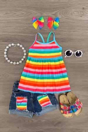 Rainbow Stripe Distressed Denim Short Set