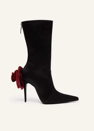 Red flower sharp pointed calf boots in satin